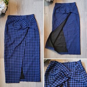 INA [ì:na] Midi Calf-length Blue & Black Gingham Pencil Wrap Skirt, Women's (S)